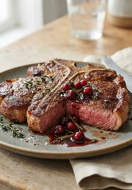 Pan-Seared T-Bone Steak with Balsamic Cranberry Reduction