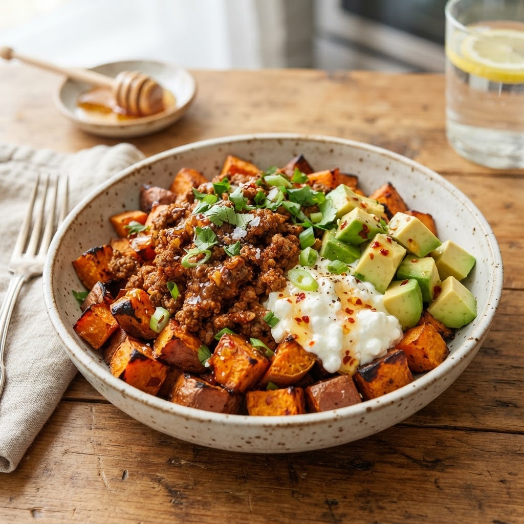 Hot Honey Beef Sweet Potato Bowl