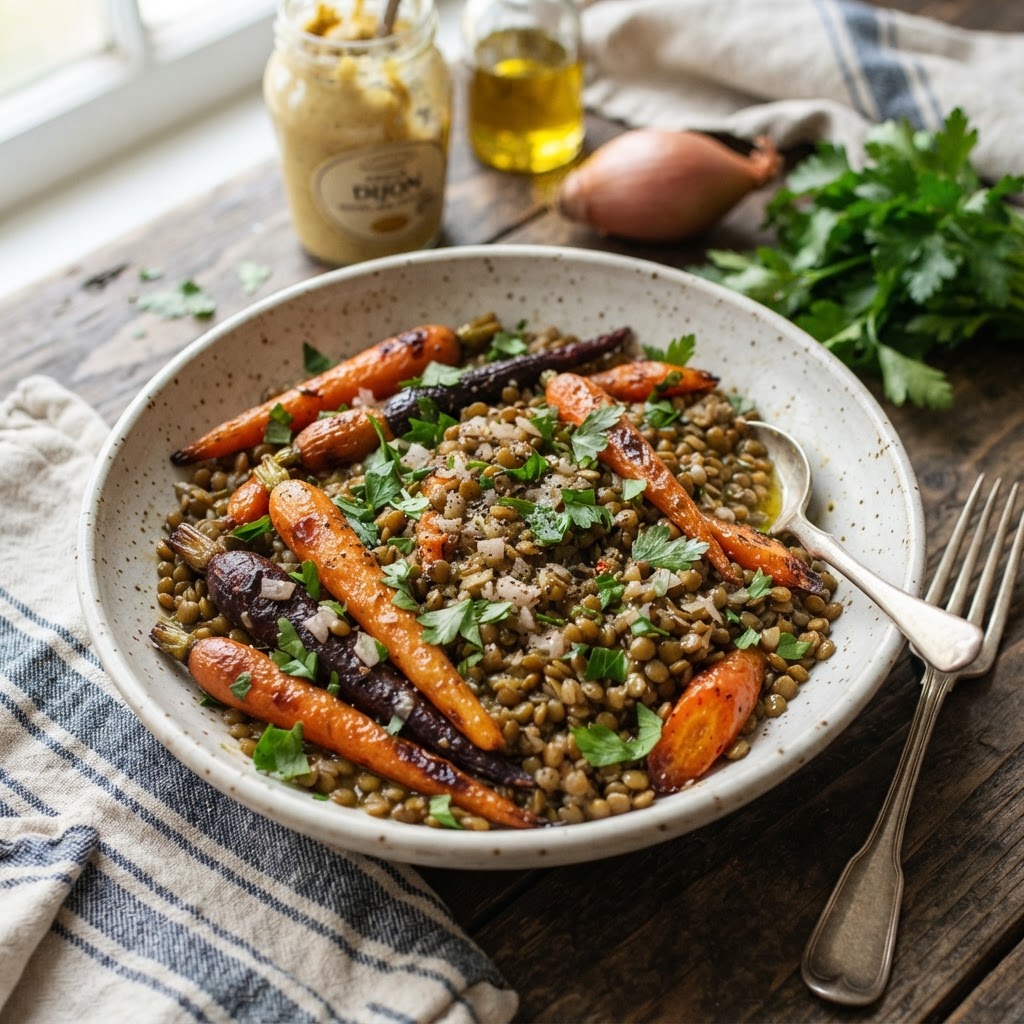 French Mustard Lentils with Roasted Carrots
