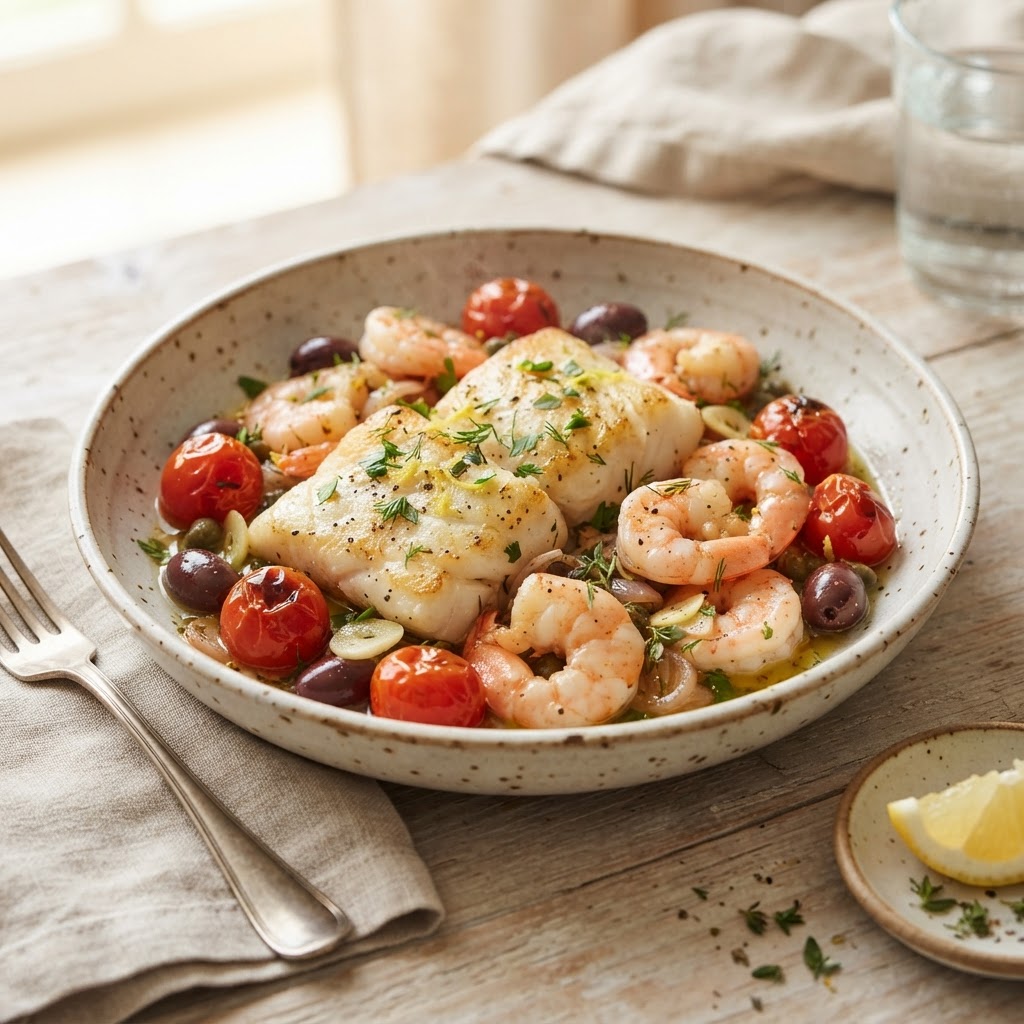 Lemon-Herb Seared Cod and Shrimp Skillet