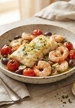 Lemon-Herb Seared Cod and Shrimp Skillet