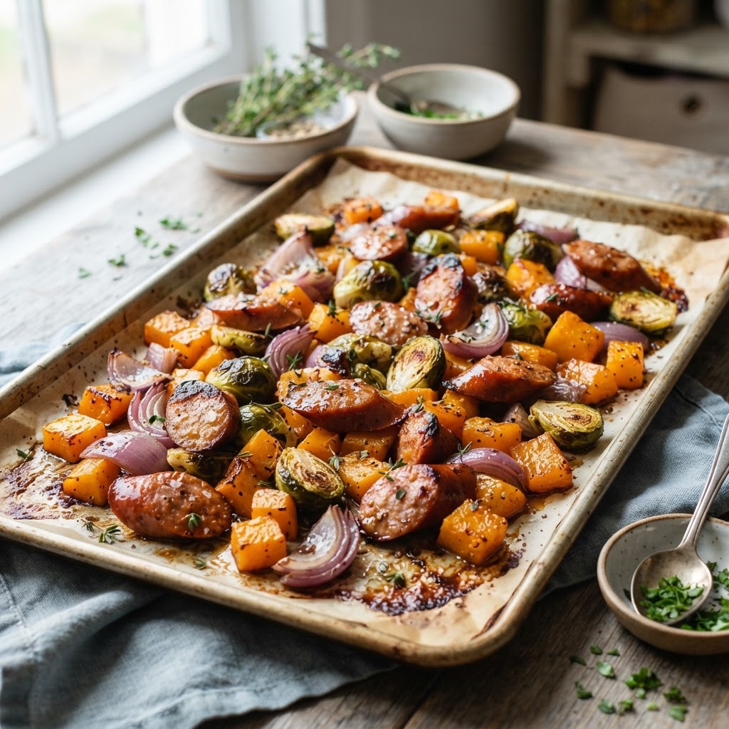 Maple-Dijon Sheet Pan Sausage and Vegetables