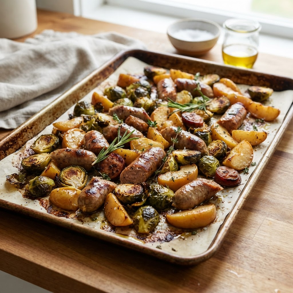 Sheet Pan Chicken Sausage Apples and Brussels Sprouts