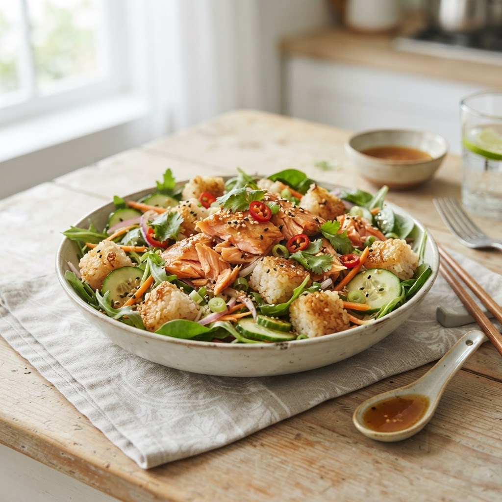 Crispy Rice Salmon Salad with Ginger Dressing