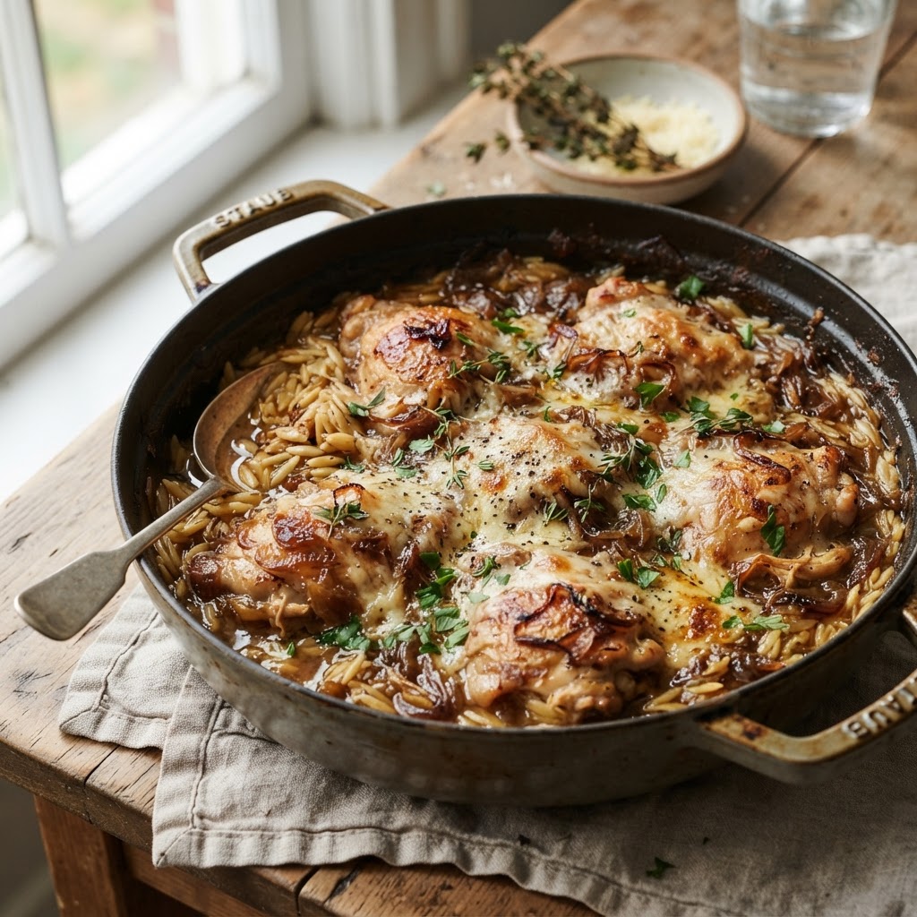 One-Pot French Onion Chicken Orzo