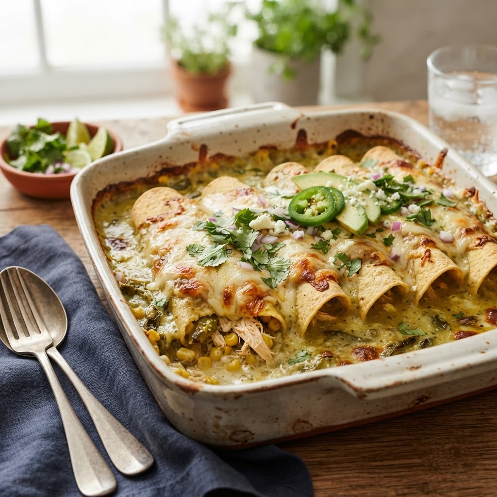 Hatch Chile Chicken Enchiladas with Creamy Salsa Verde