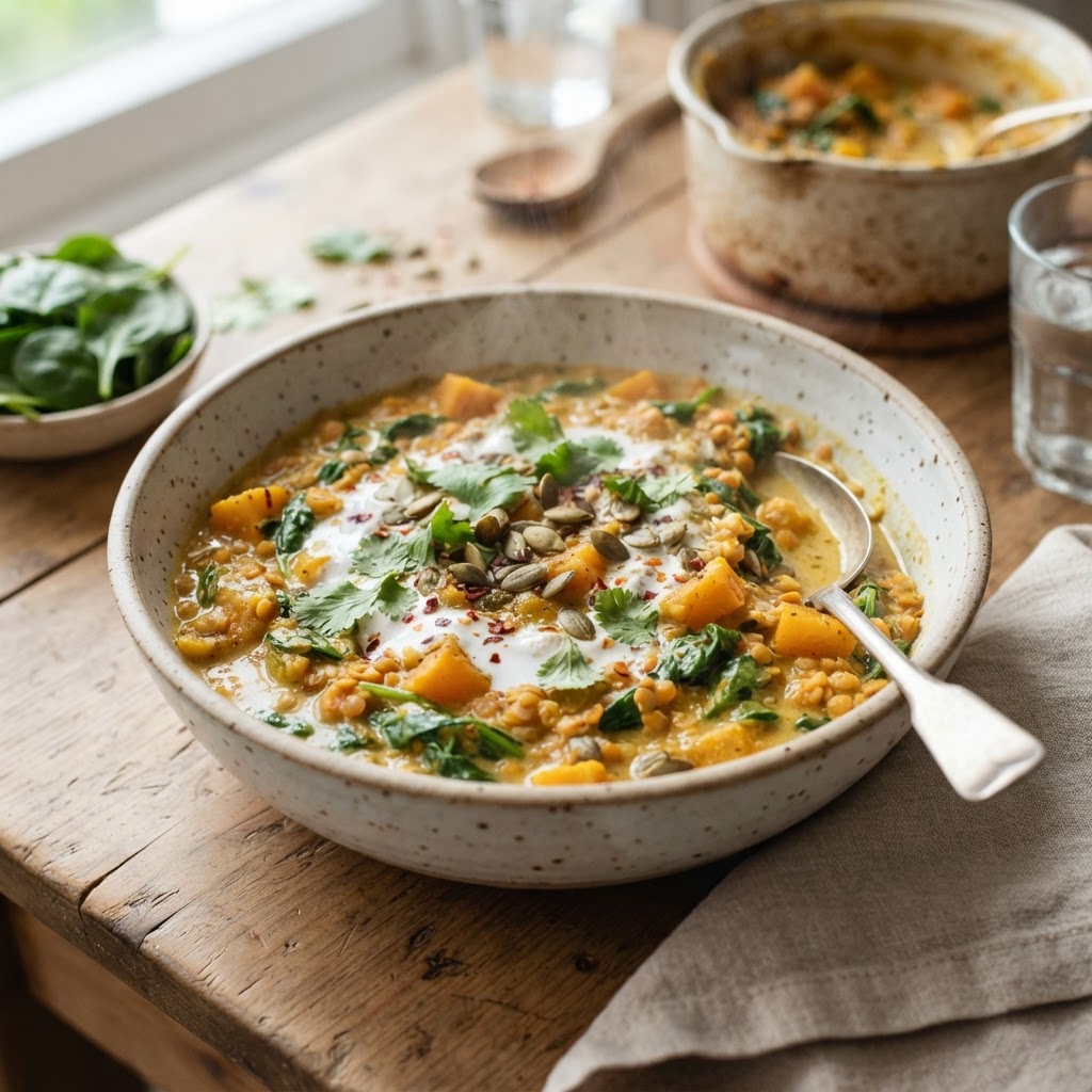 Pumpkin Curry Lentils with Spinach