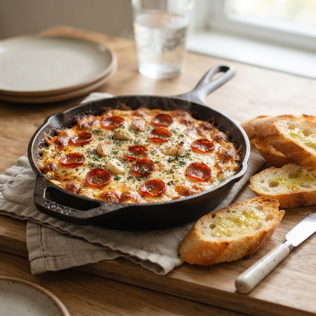 Roasted Garlic and Pepperoni Skillet Dip