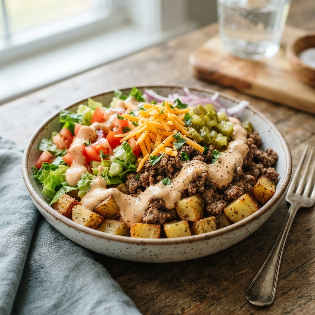 Cheeseburger Bowls with Roasted Potatoes