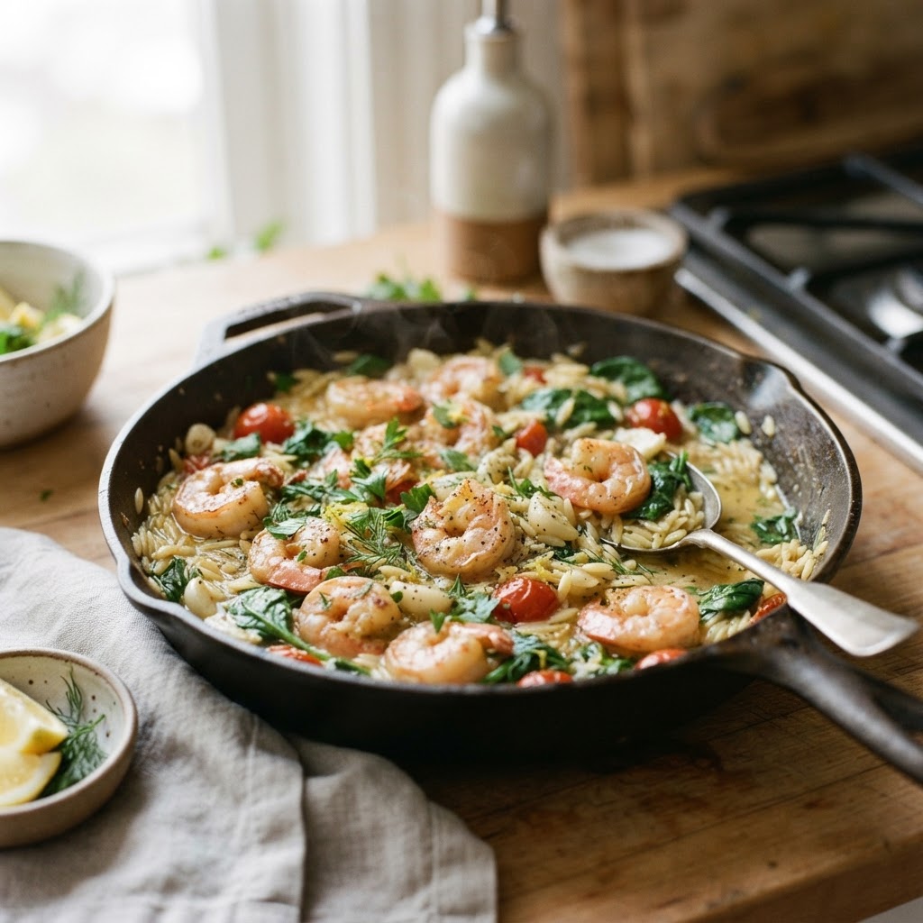 One Pot Lemon Garlic Shrimp Orzo