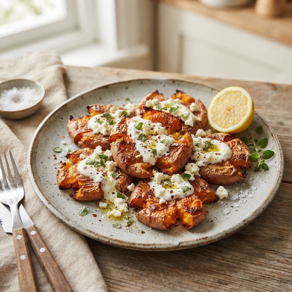 Crispy Smashed Sweet Potatoes with Feta