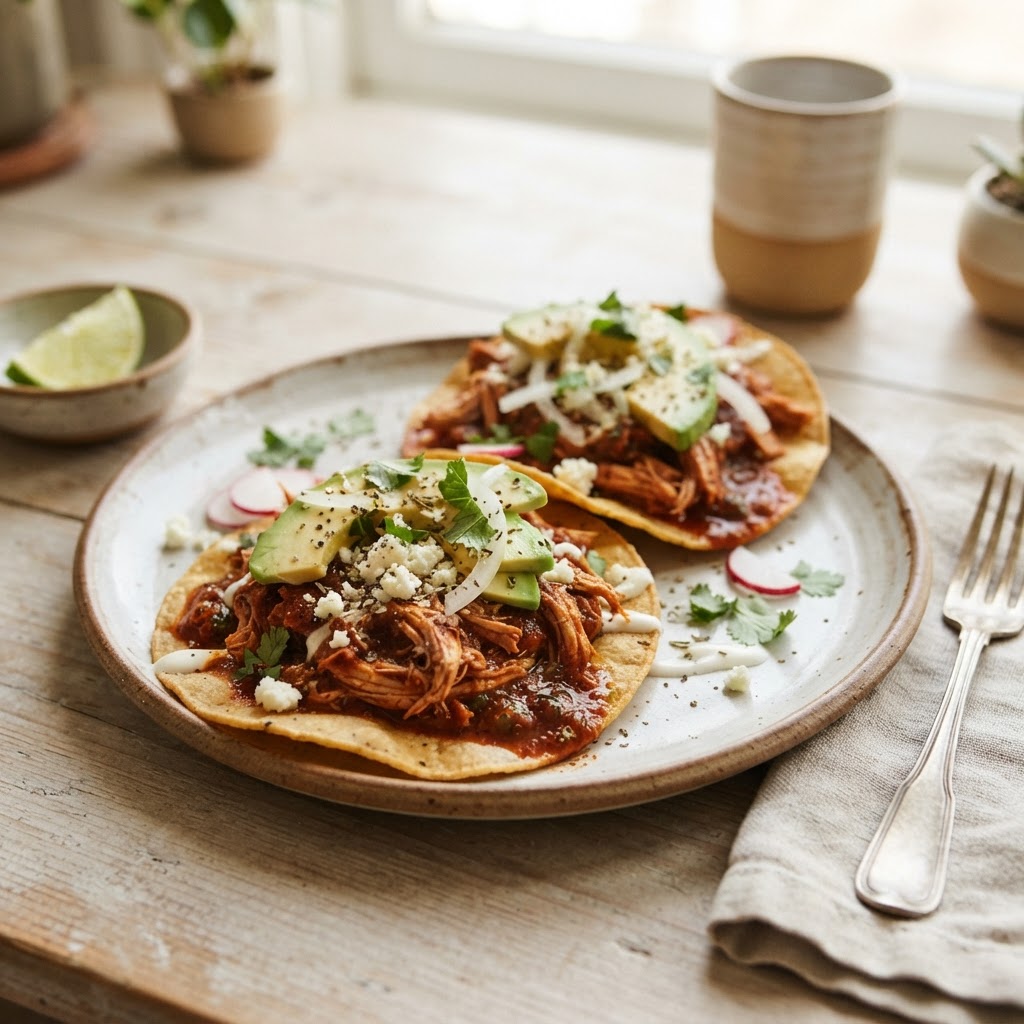 Smoky Tomato-Braised Shredded Chicken Tostadas
