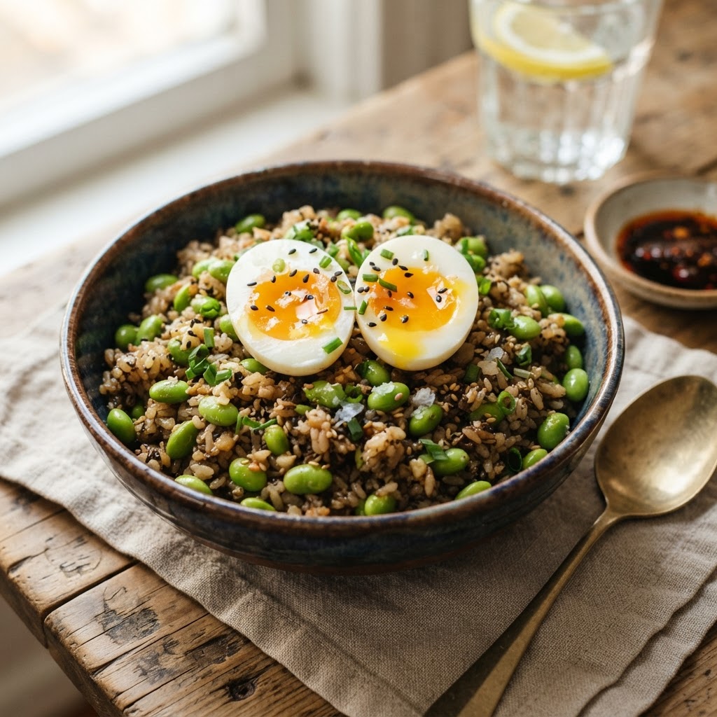 Garlicky Edamame Rice with Jammy Eggs
