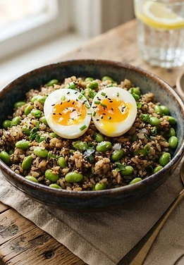 Garlicky Edamame Rice with Jammy Eggs