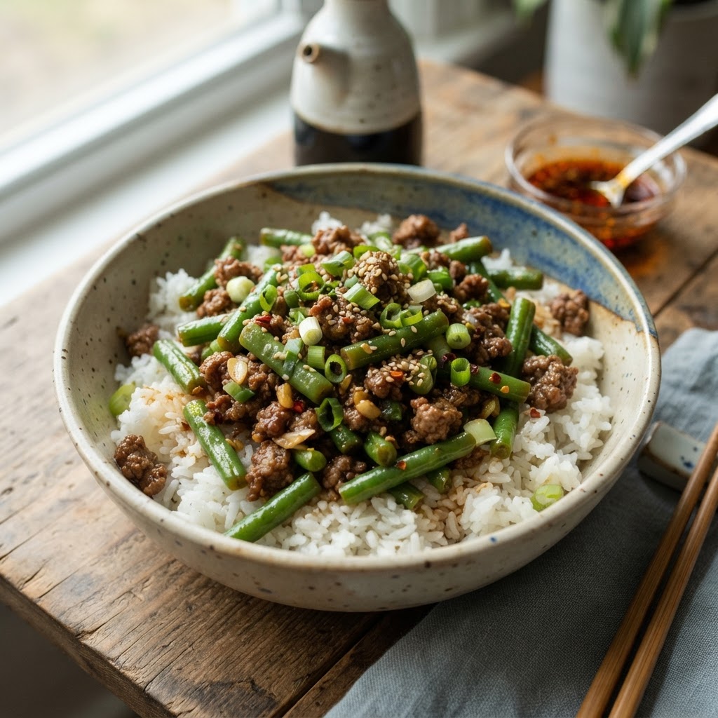 Ground Beef and Green Bean Stir-Fry with Rice