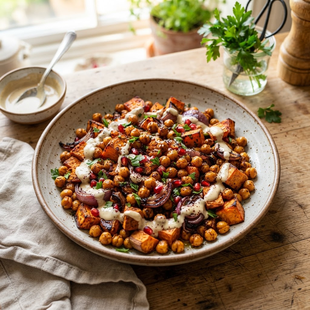 Harissa Roasted Chickpeas with Sweet Potatoes