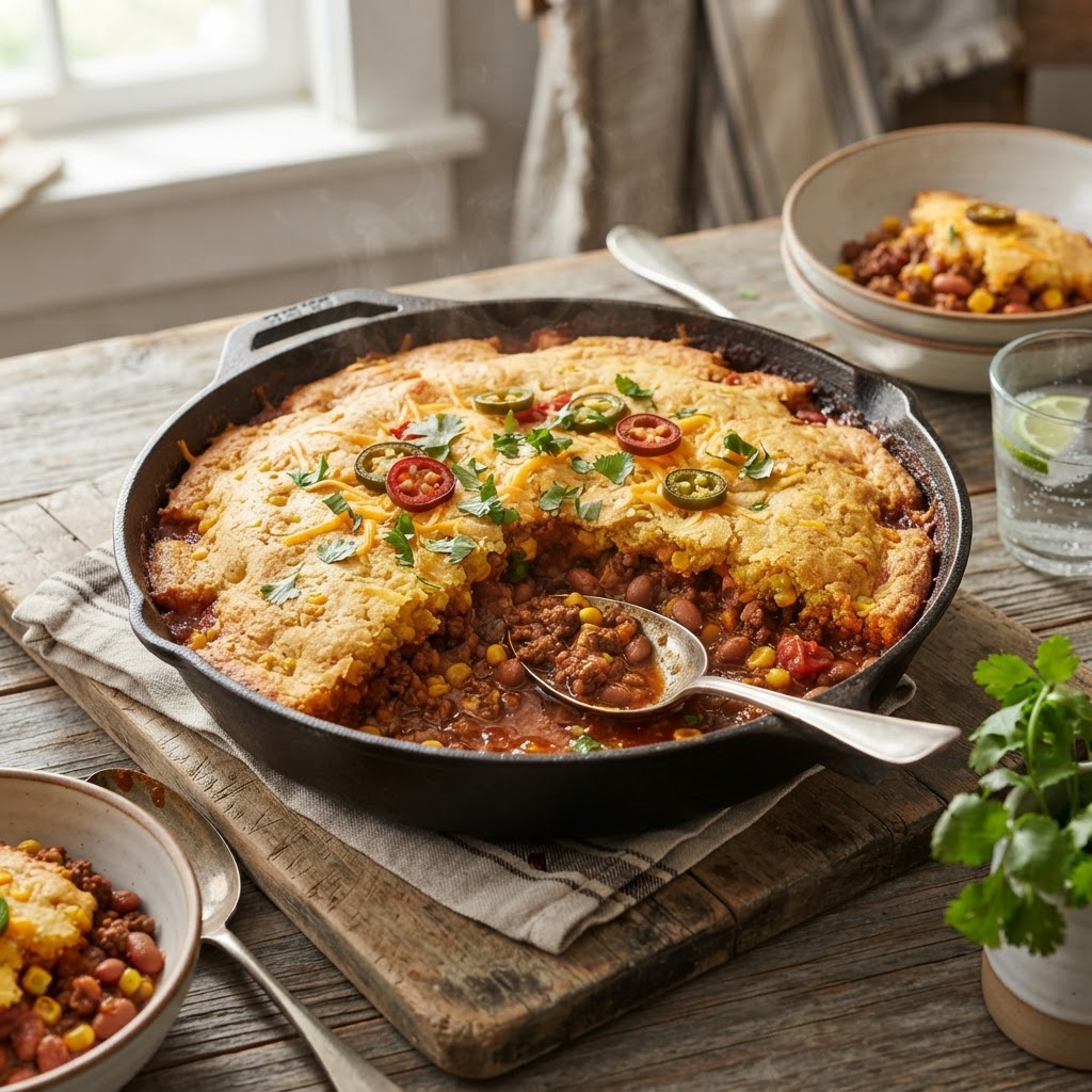 Cowboy Beef and Pinto Bean Cornbread Pie
