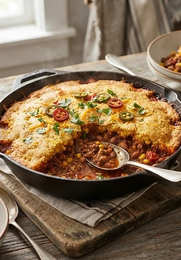 Cowboy Beef and Pinto Bean Cornbread Pie