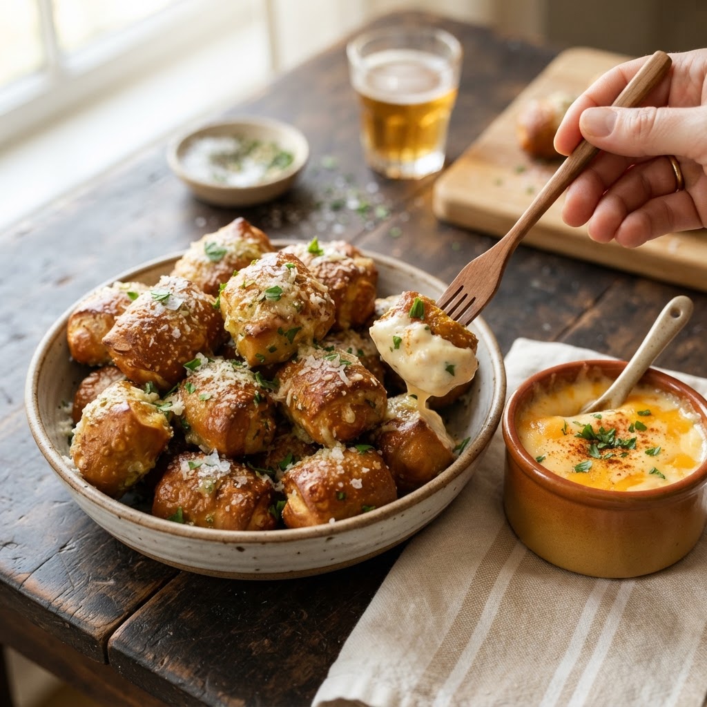 Garlic Butter Pretzel Bites with Parmesan and Cheese Dip