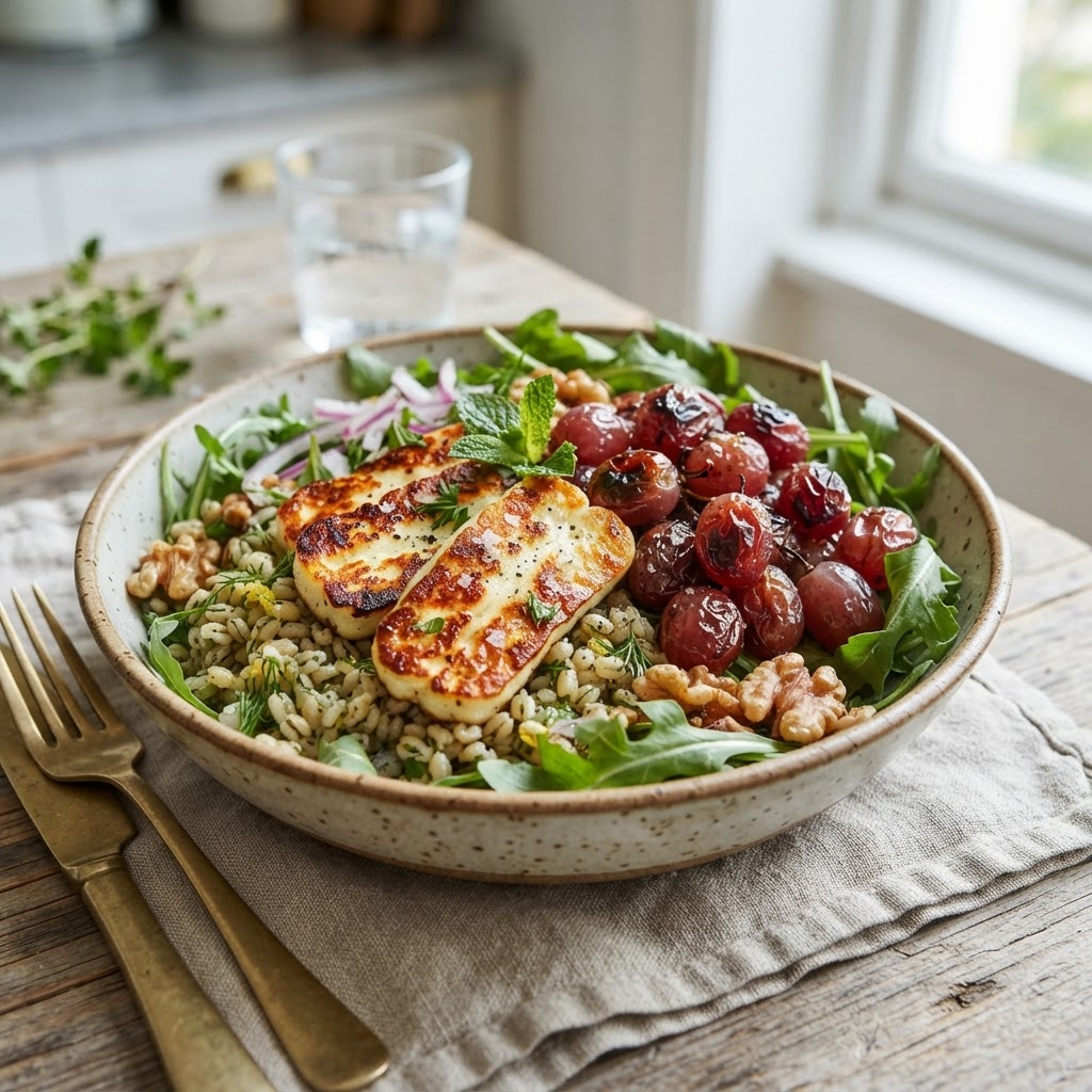 Halloumi Barley Bowls with Roasted Grapes