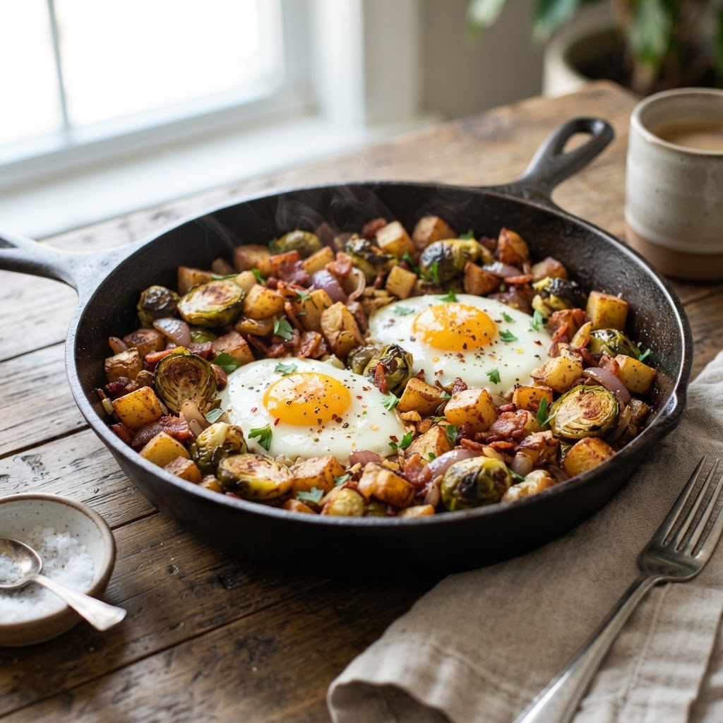 Brussels Sprout Potato Hash with Fried Eggs