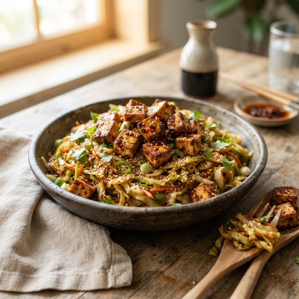 Toasted Sesame Cabbage Noodles with Crispy Tofu