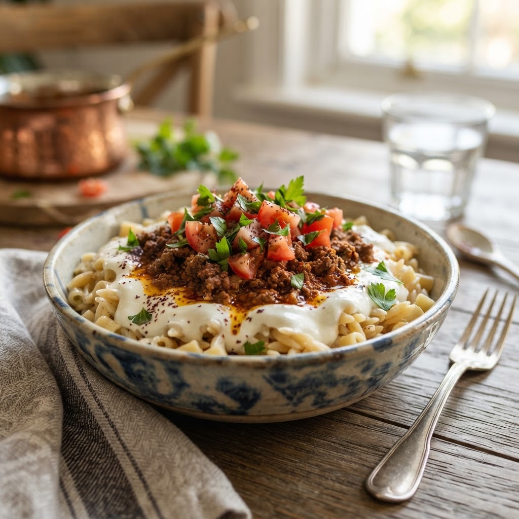 Turkish Pasta with Garlic Yogurt