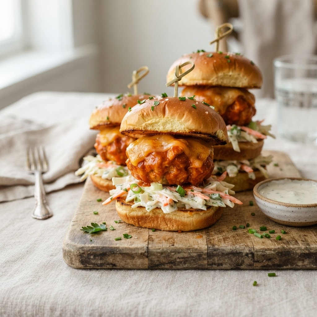 Buffalo Chicken Meatball Sliders with Ranch Slaw
