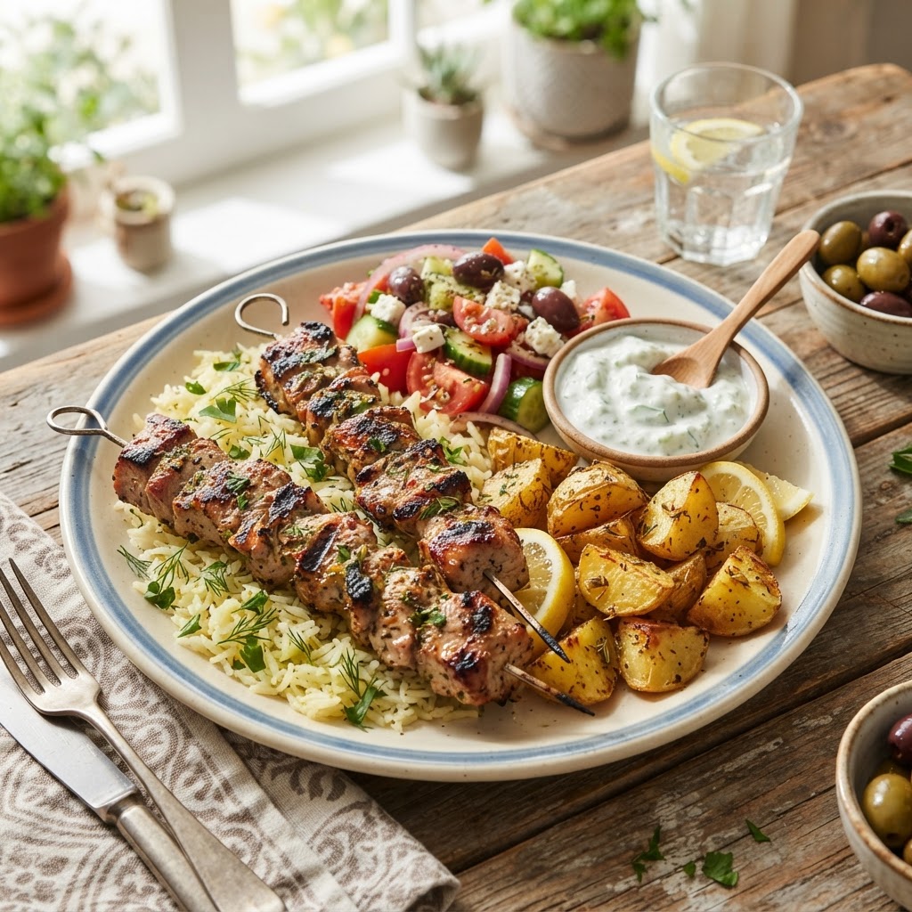 Pork Souvlaki Rice Plates with Lemon Potatoes
