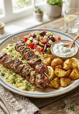 Pork Souvlaki Rice Plates with Lemon Potatoes