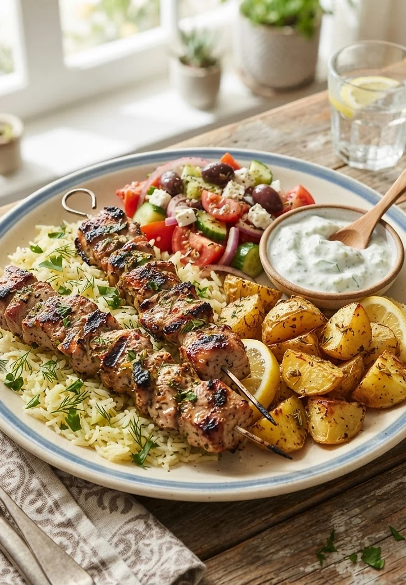 Pork Souvlaki Rice Plates with Lemon Potatoes