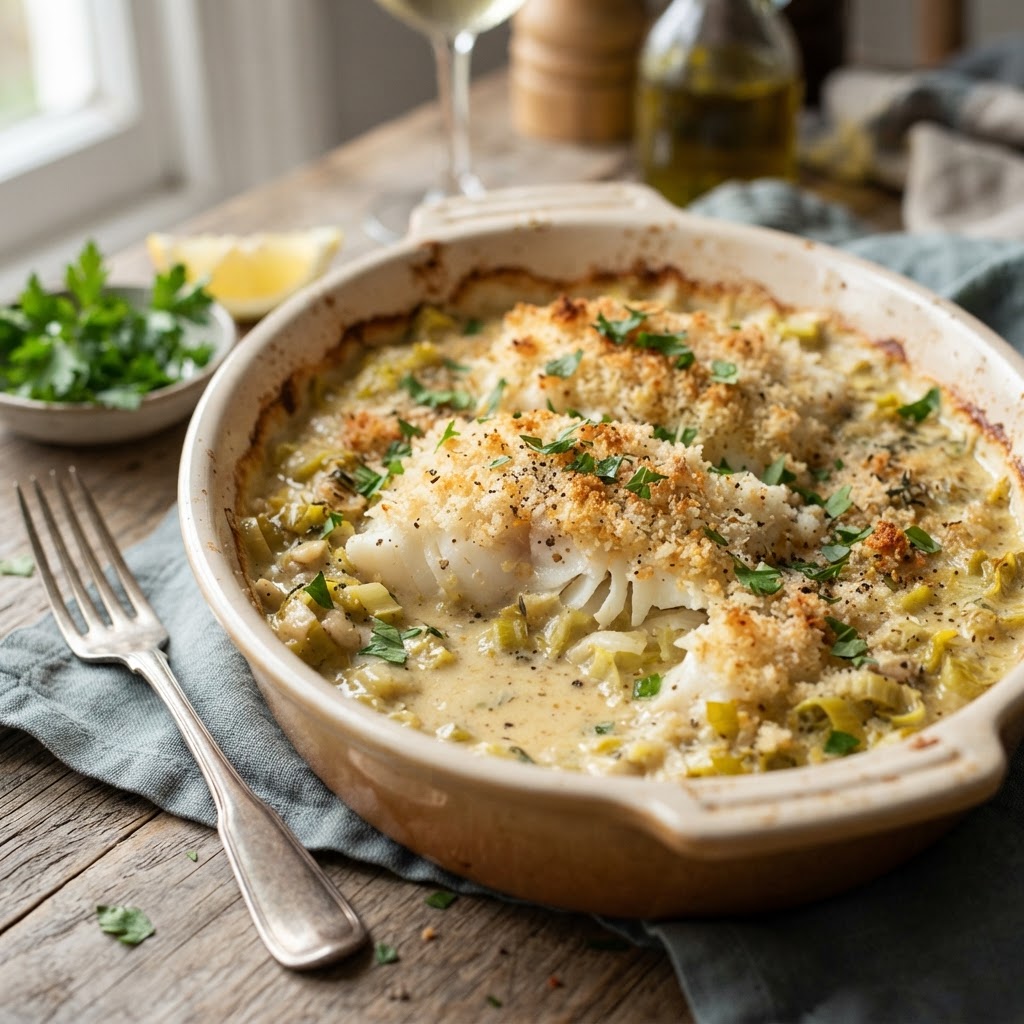 Baked Haddock with Leeks and Mustard Cream