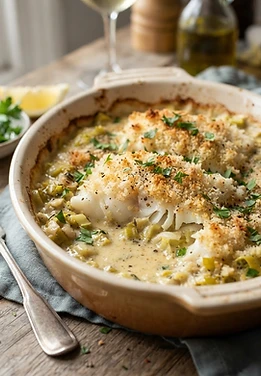 Baked Haddock with Leeks and Mustard Cream