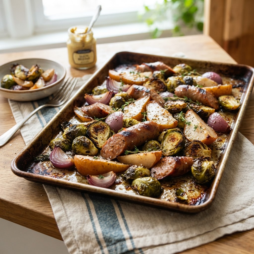 Sheet Pan Sausage Pear and Brussels Sprouts