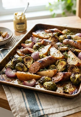 Sheet Pan Sausage Pear and Brussels Sprouts