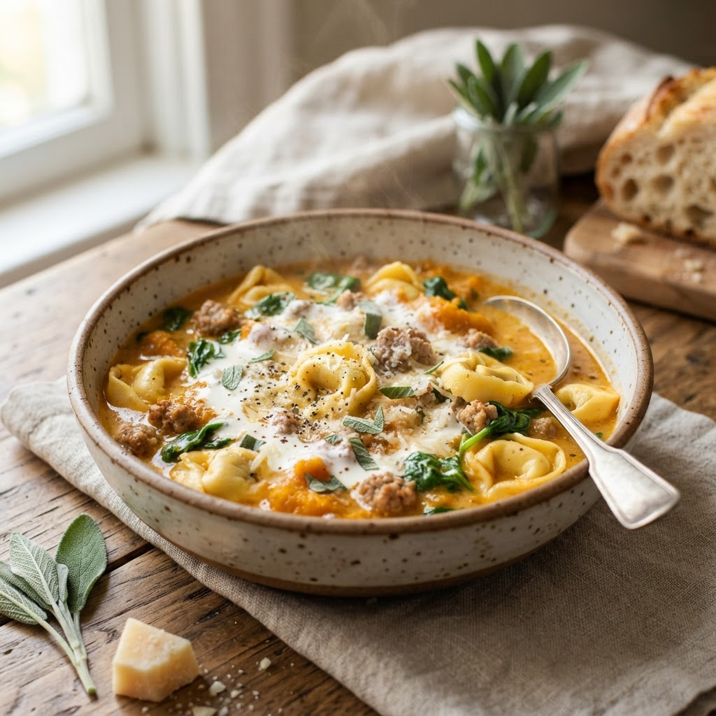 Creamy Pumpkin Tortellini Soup with Italian Sausage and Spinach