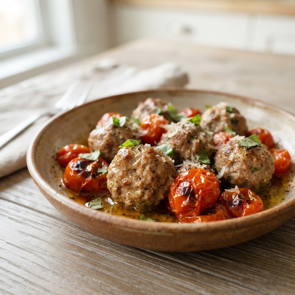 Sheet Pan Beef Meatballs with Roasted Tomatoes