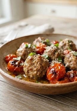 Sheet Pan Beef Meatballs with Roasted Tomatoes