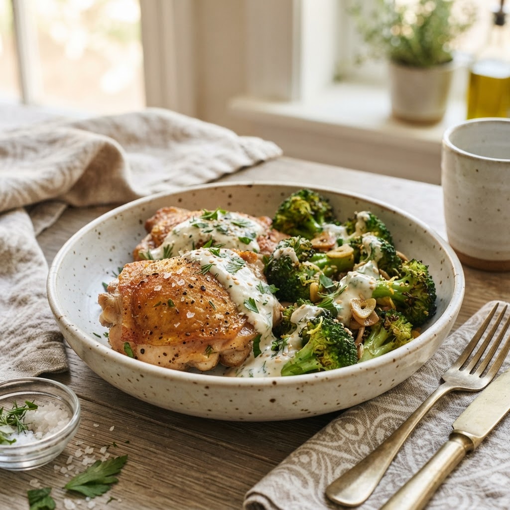 Pan-Seared Chicken and Broccoli with Yogurt-Tahini Sauce