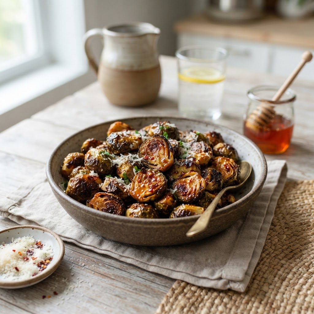 Air Fryer Crispy Brussels Sprouts with Hot Honey