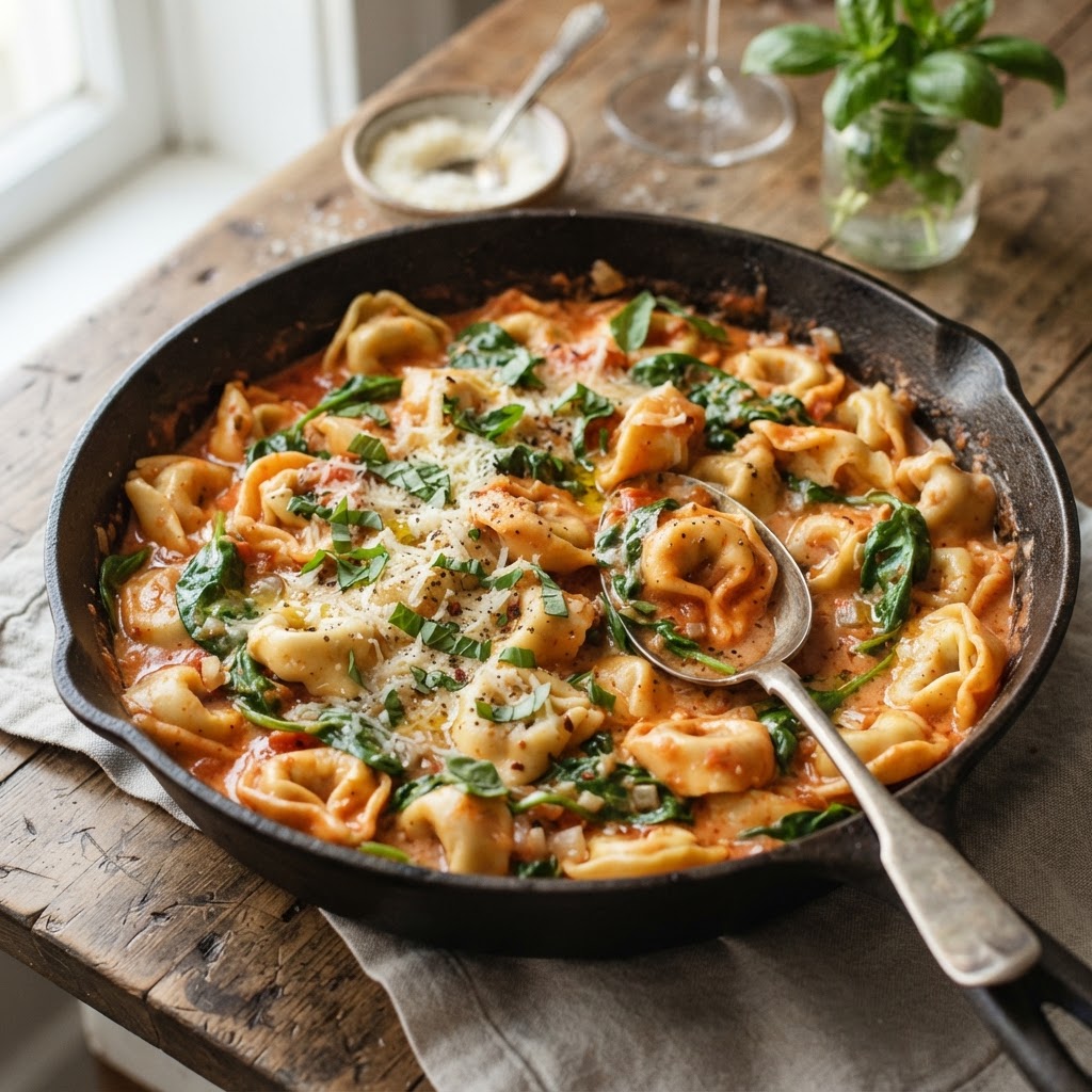 One Pot Creamy Tomato Tortellini with Spinach