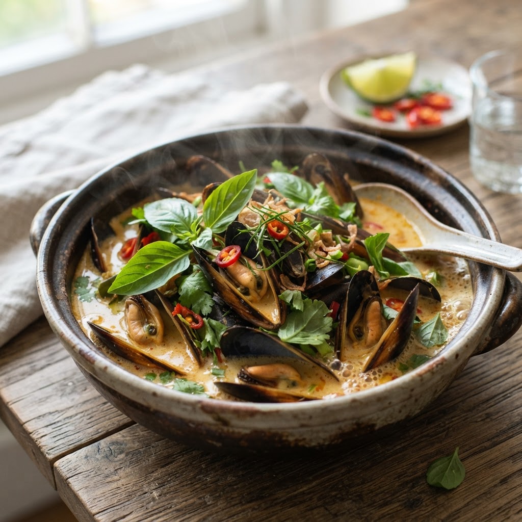 Thai Basil Mussels with Coconut Broth