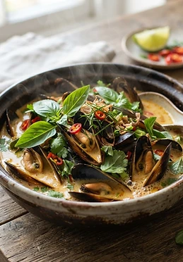 Thai Basil Mussels with Coconut Broth