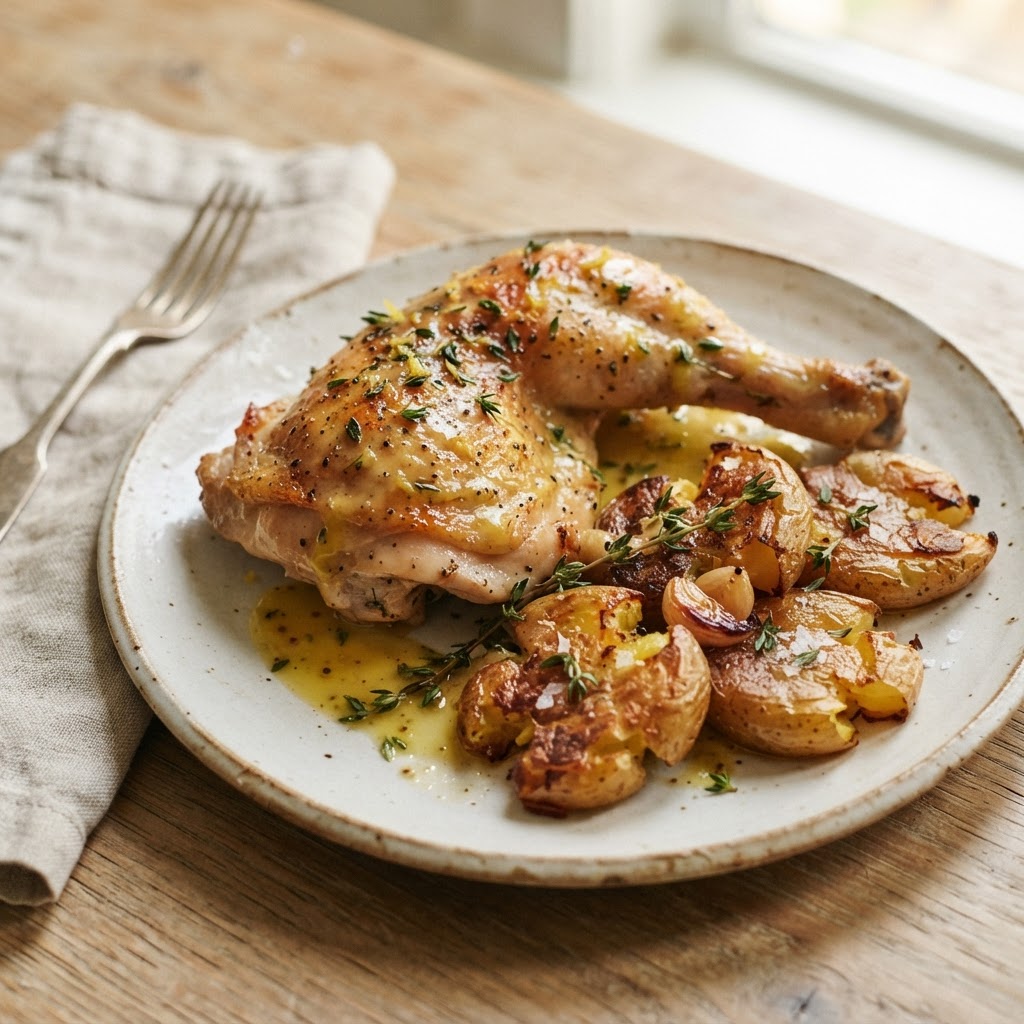 Lemon-Thyme Roasted Chicken and Smashed Potatoes