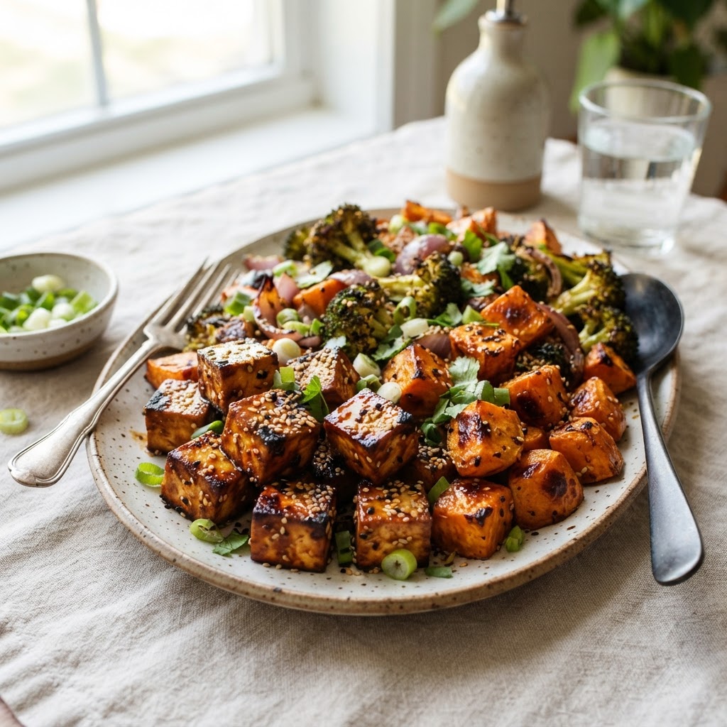 Miso Glazed Tofu with Sweet Potatoes and Sesame
