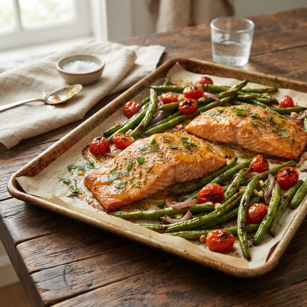 Sheet Pan Honey Mustard Salmon and Green Beans