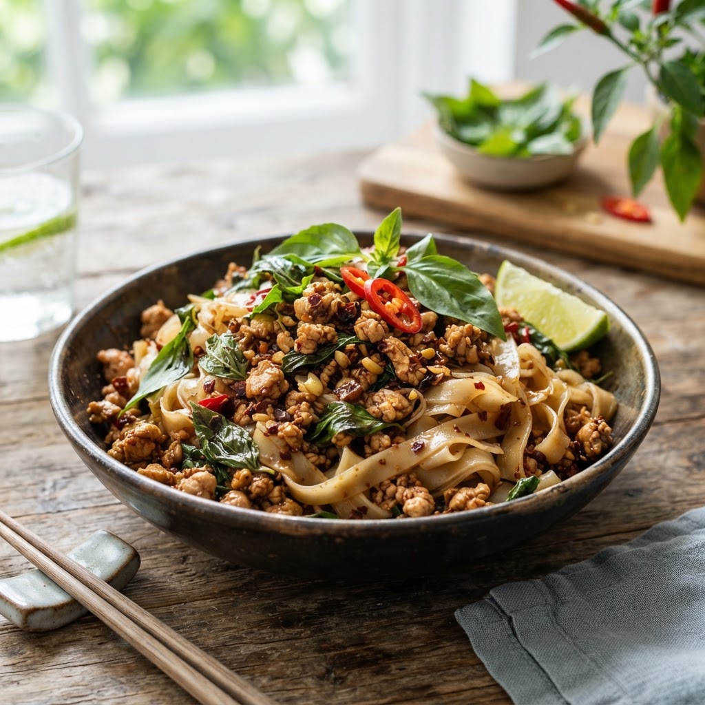 Thai Basil Ground Chicken Noodles