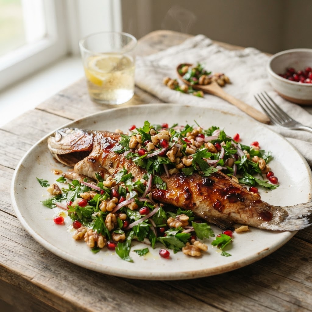 Pomegranate Glazed Trout with Walnut Herb Salad