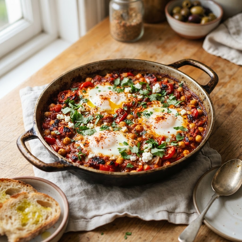 Chickpea Egg Skillet with Harissa Tomatoes