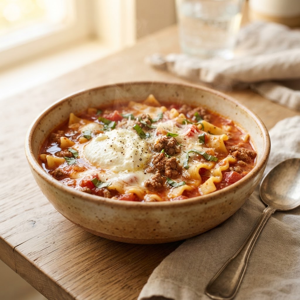 One-Pot Tomato and Beef Lasagna Soup